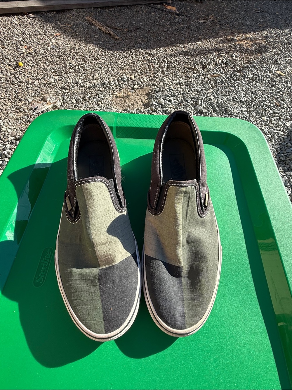 Vans Two-Tone Olive and Black Slip-On Sneakers Unisex Women’s 10.5 Mens 9